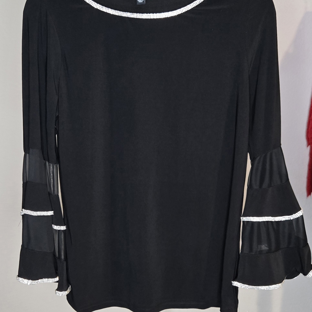 MSK Elegant Black Blouse with Sheer Sleeves and White Accents